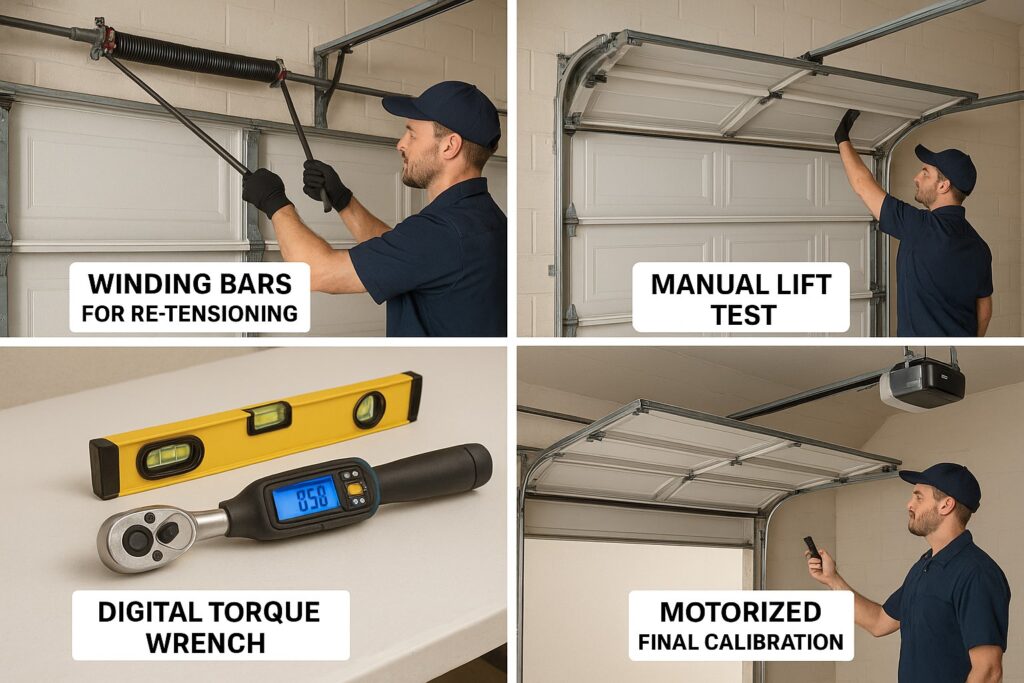 The Hidden Dangers Of Old Garage Door Cables 4 Technician performing garage door parts calibration using winding bars, manual lift test, torque wrench, and motorized final check.