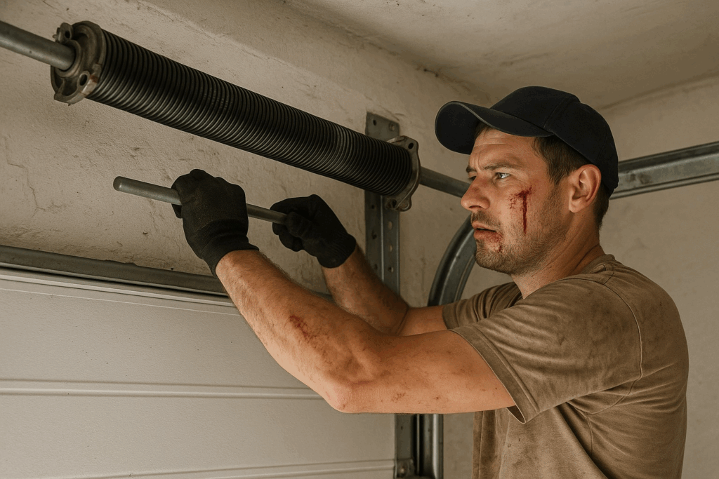 Garage Door Repairs For Rural Homes In Beacon Falls, Ct 4 Injured man with cuts attempting dangerous garage door spring repair, highlighting risks of DIY garage door repairs.
