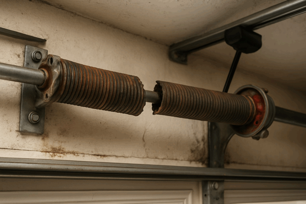 Garage Door Repairs For Rural Homes In Beacon Falls, Ct 3 Close-up of a broken garage door spring, showing damage that requires immediate professional garage door repairs.