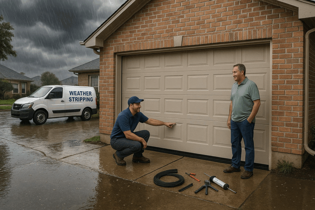 Improve Energy Savings With Garage Door Weather Stripping In Beacon Falls 4 Technician installing garage door weather stripping in the rain to protect against water damage and improve storm resistance.