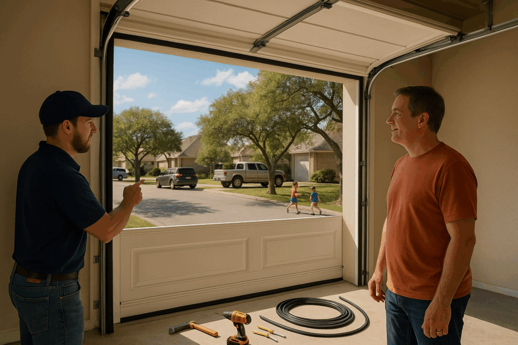 Beacon Falls Residents: Save Money On Energy Bills When You Repair Garage Door Seals 4 Garage technician consulting homeowner about tools and parts to repair garage door.