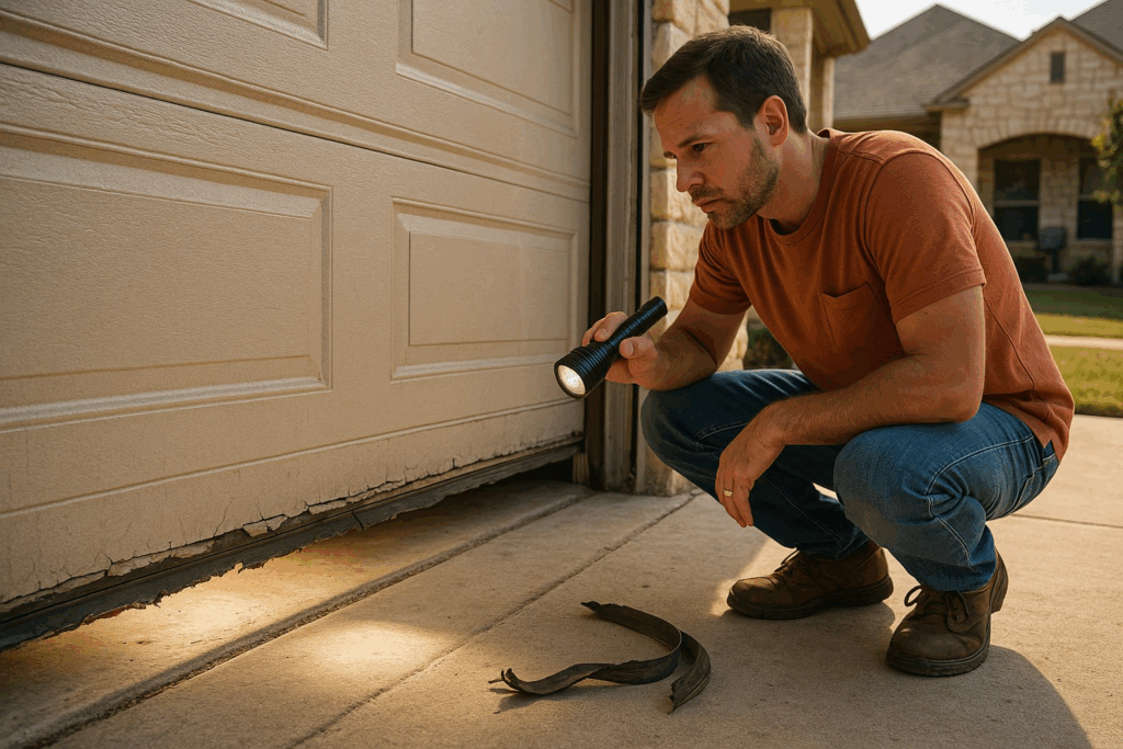 Beacon Falls Residents: Save Money On Energy Bills When You Repair Garage Door Seals 3 Homeowner inspecting worn weather seal and gaps to repair garage door.