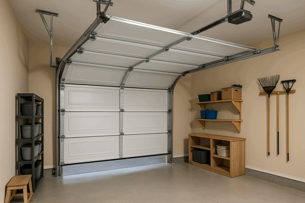 Smooth operating modern garage doors with clean interior setup.