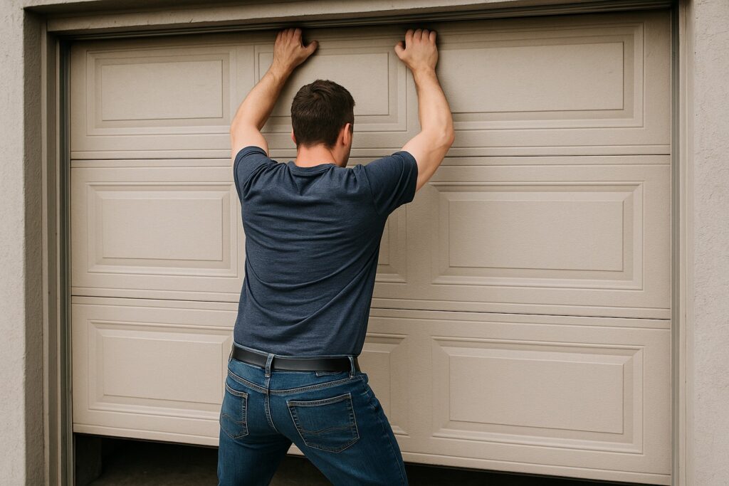 Garage Door Stuck Halfway? Here’s What Might Be Wrong 3 Homeowner straining to lift a heavy garage door by hand, suggesting a stuck door or broken spring.