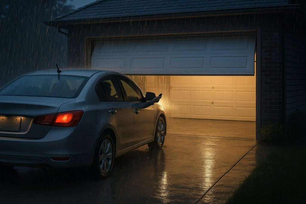 A person opens automatic garage doors from their car during heavy rain, illuminated by warm garage lighting.