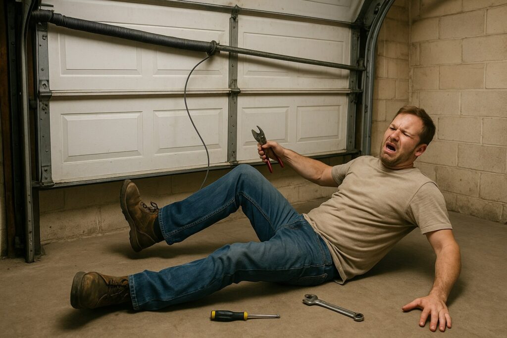 Garage Door Stuck Halfway? Here’s What Might Be Wrong 4 Garage door repair safety warning showing DIY accident near a broken garage door spring.
